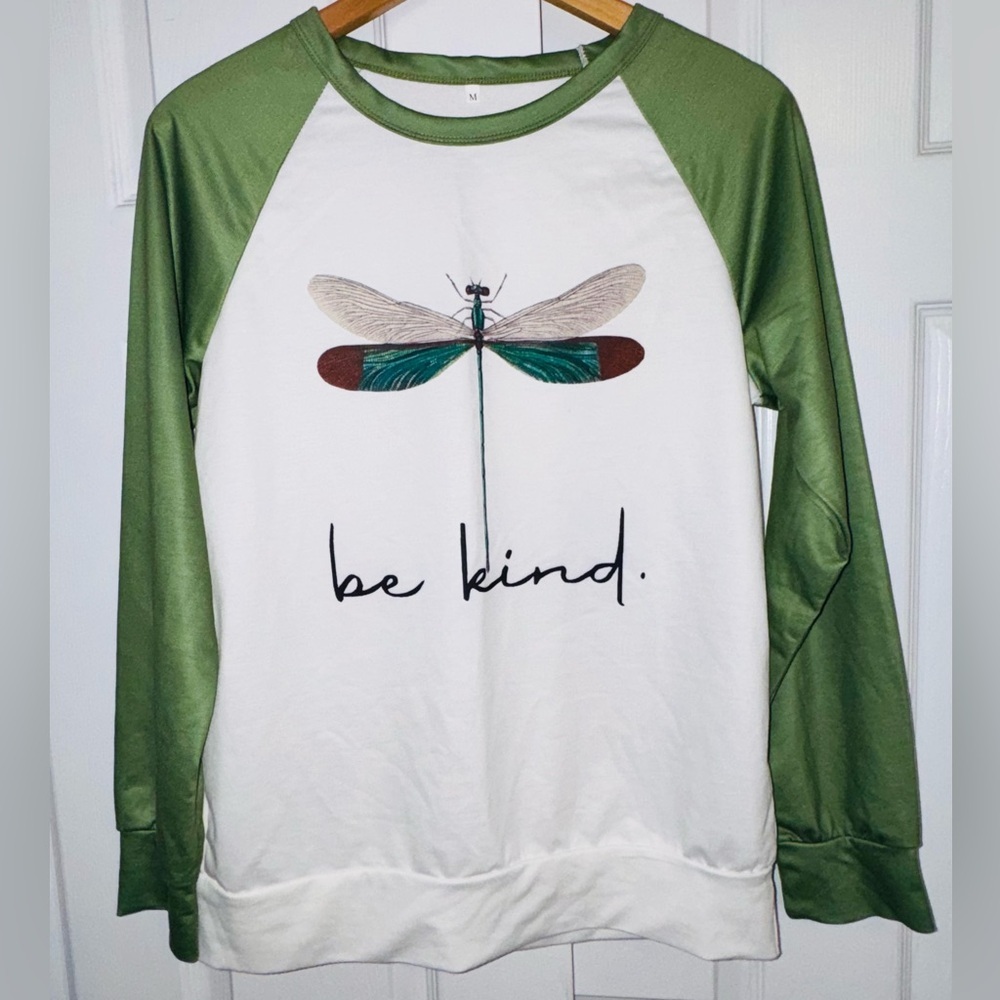Green and White 'Be Kind' Dragonfly Raglan Shirt